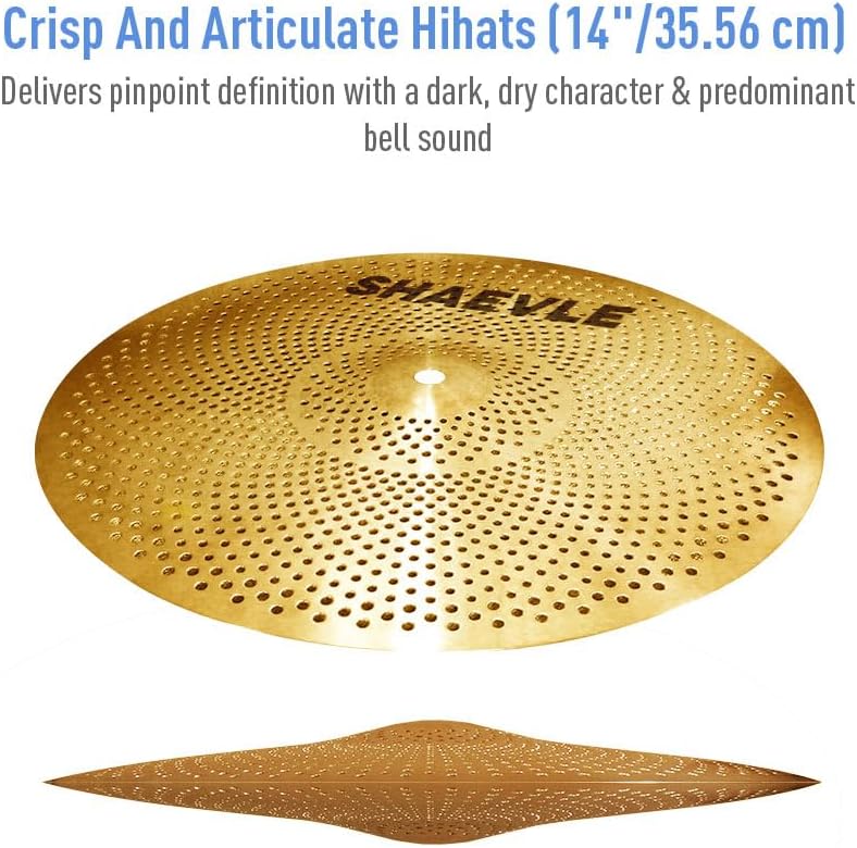 Shaevle Low Volume Cymbal Pack Golden Mute Cymbal 14"Hi-hat+16"Crash+18'Crash+20"Ride Quiet Drum Cymbal Pack for Practice - Image 3